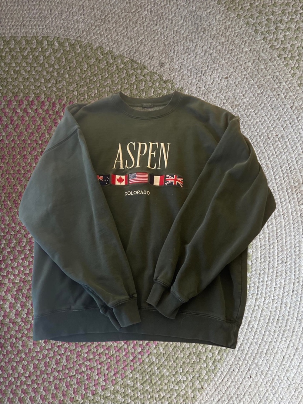Brandy Melville Dark Green Aspen Crewneck Sweatshirt with Flag Detail